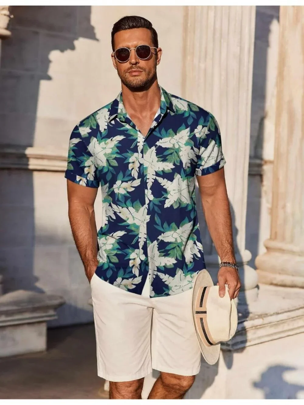 Men's  Blue-white Floral Classic Beach Linen Short Sleeve Casual Imported Shirt
